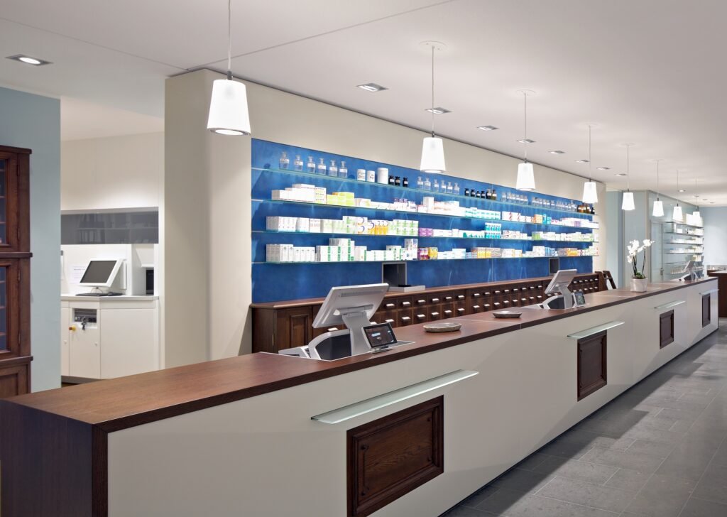 Interior of empty modern pharmacy